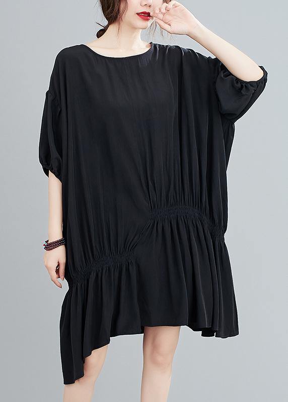 Round Neck Puff Sleeve Asymmetric Ruched Handkerchief Hem Oversized Midi Dress