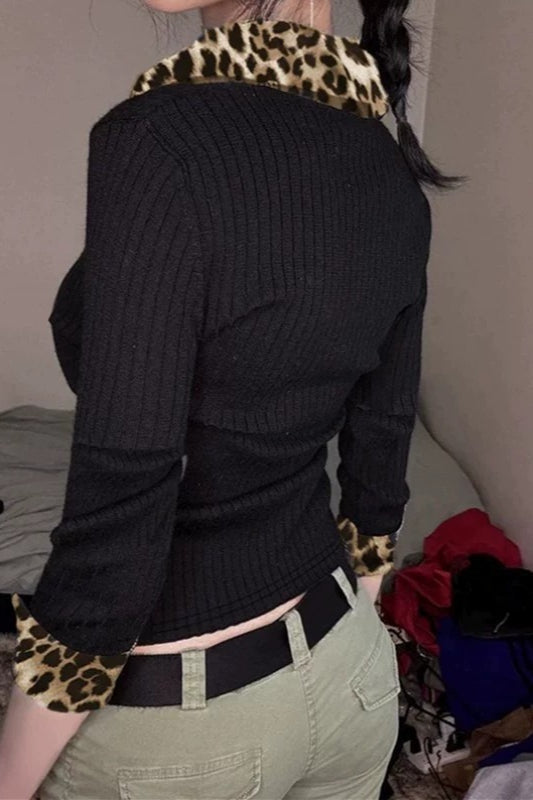 Leopard V Neck Ribbed Long Sleeve Top