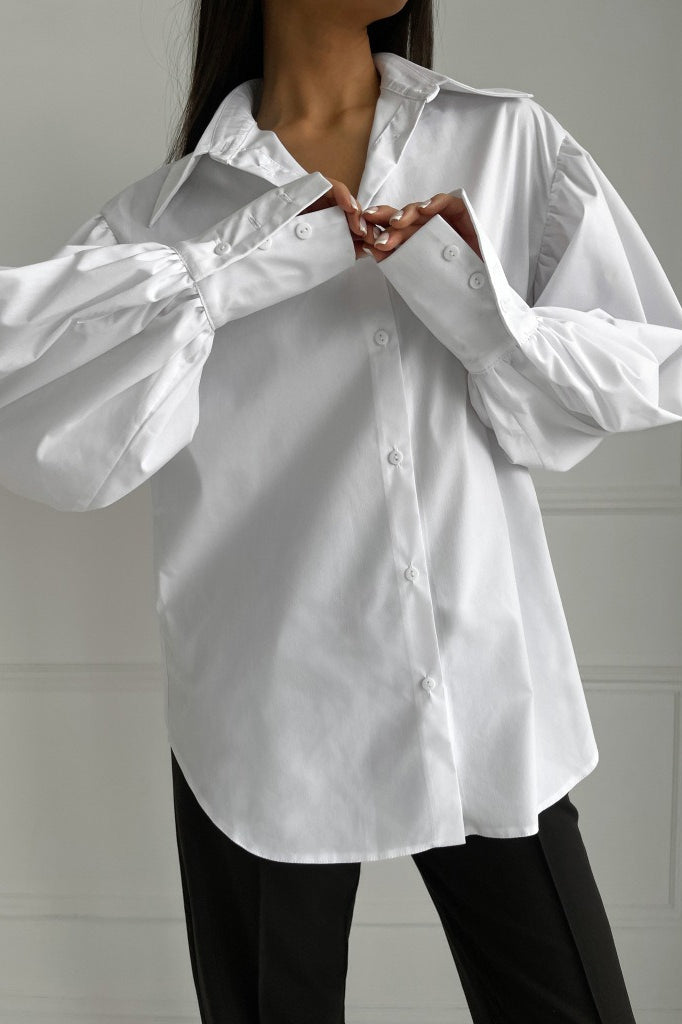 Collared Balloon Sleeve Curved Hem Oversized Button Front Shirt