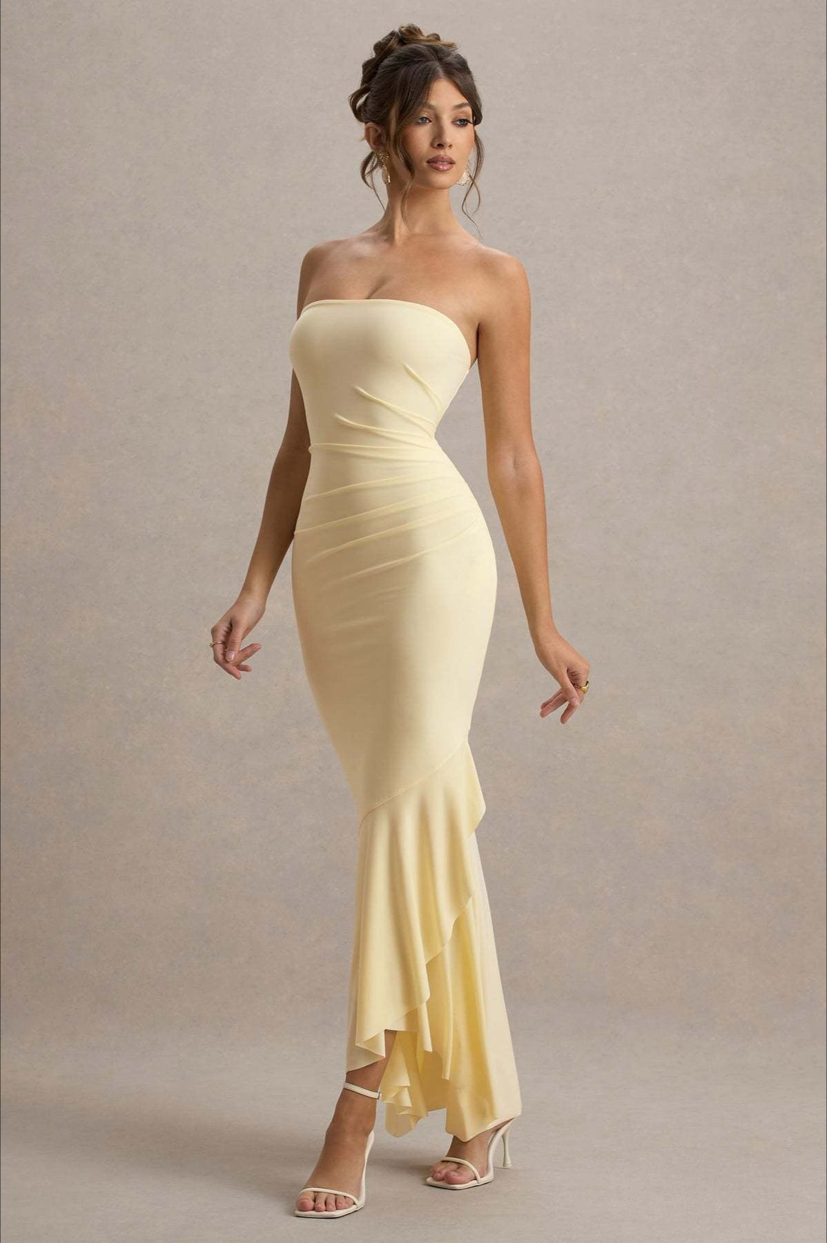 Strapless Ruched Asymmetric Ruffle Hem Bodycon Maxi Gown