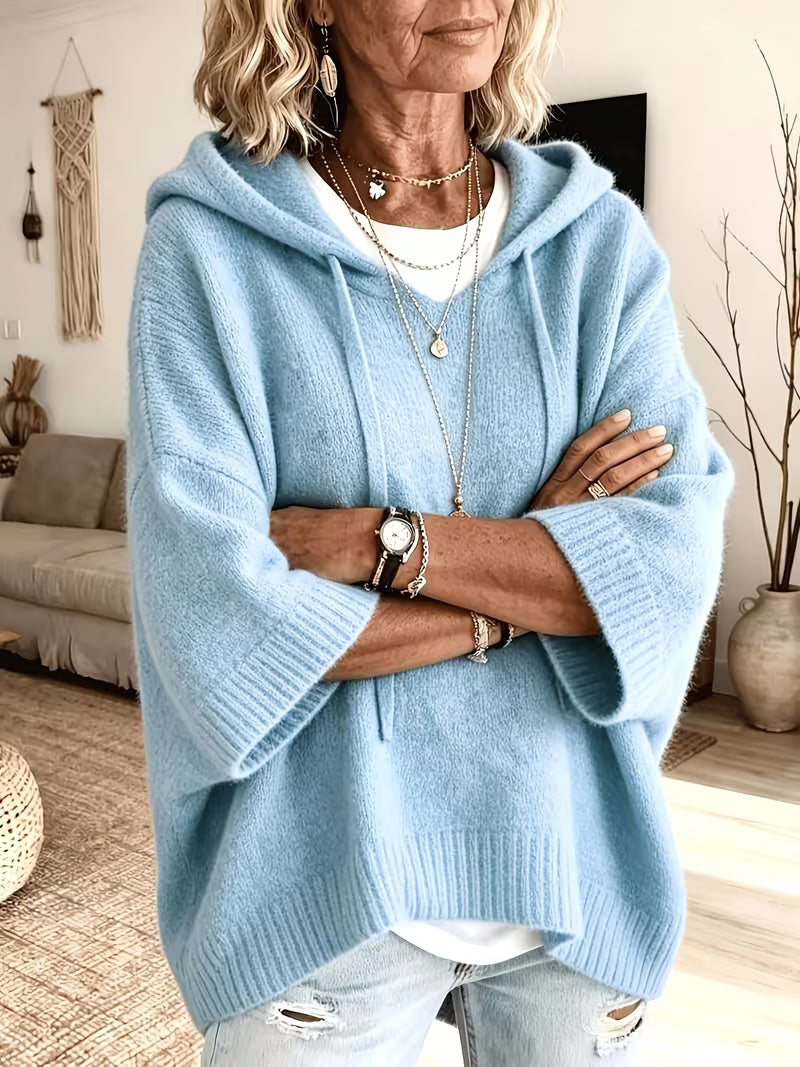 Hooded Drawstring Oversized Knit Poncho Sweater