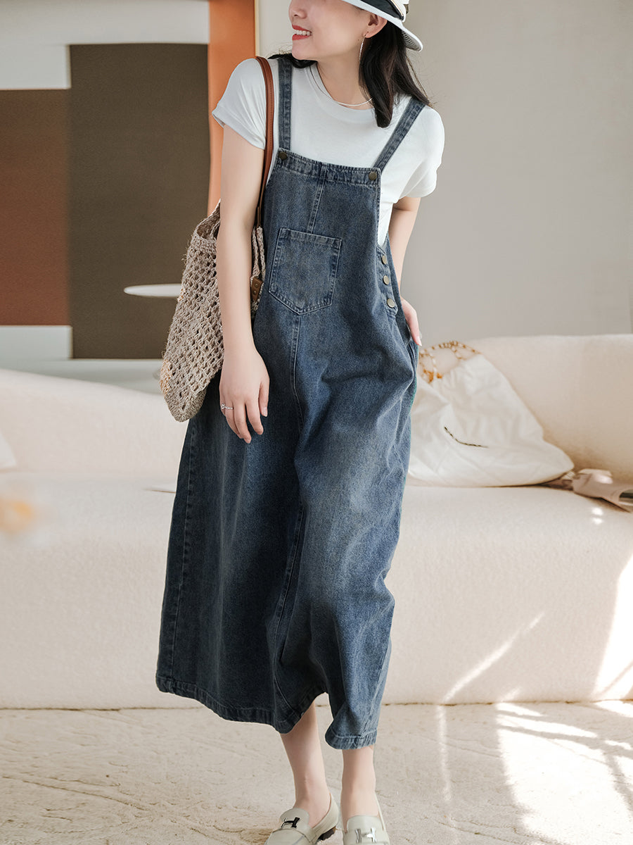 Denim Bib Front Overall Strap Pocket A-Line Maxi Jumper Dress