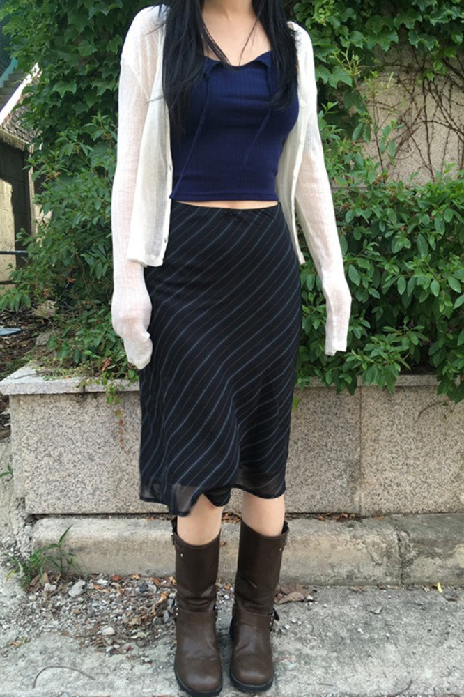 Diagonal Stripe Sheer Mesh Overlay Low Waist Midi Skirt