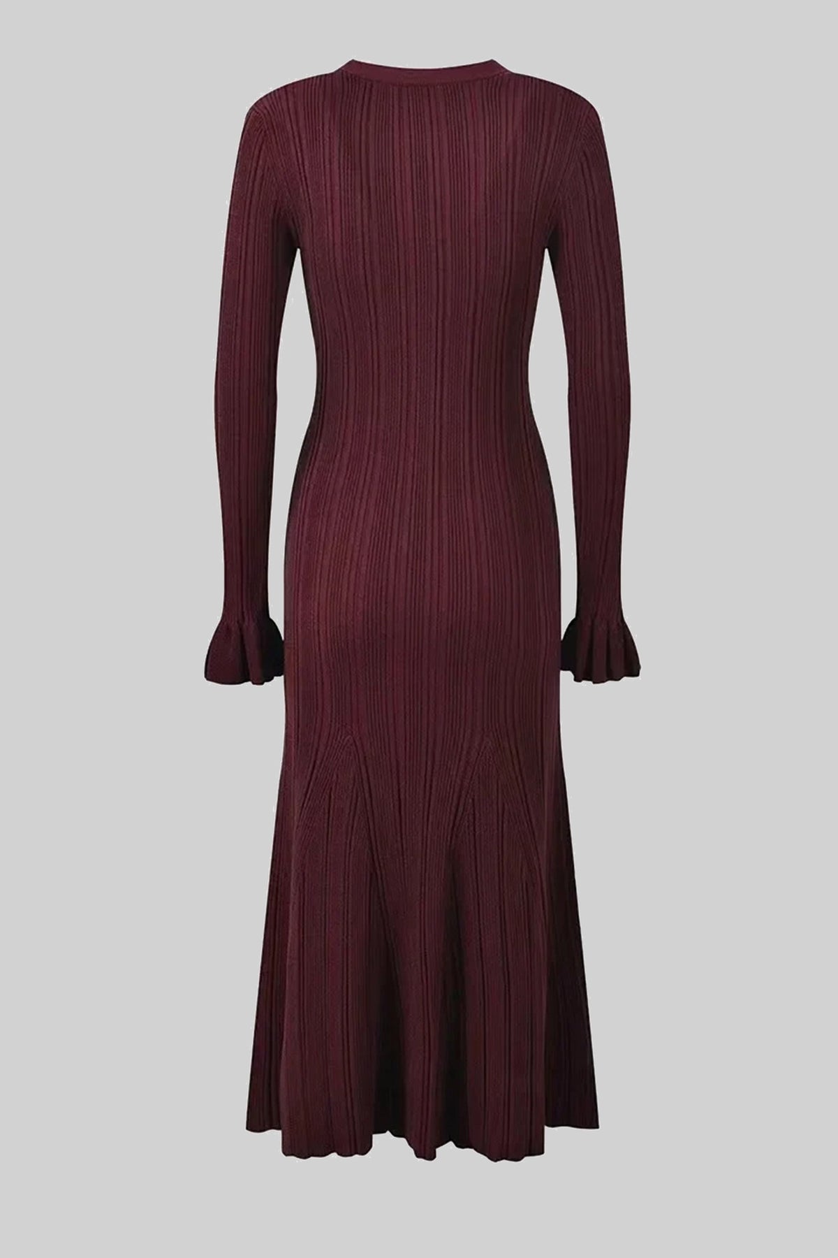 V-Neck Long Sleeve Ruffle Cuff Button Front Ribbed Knit Midi Dress 5