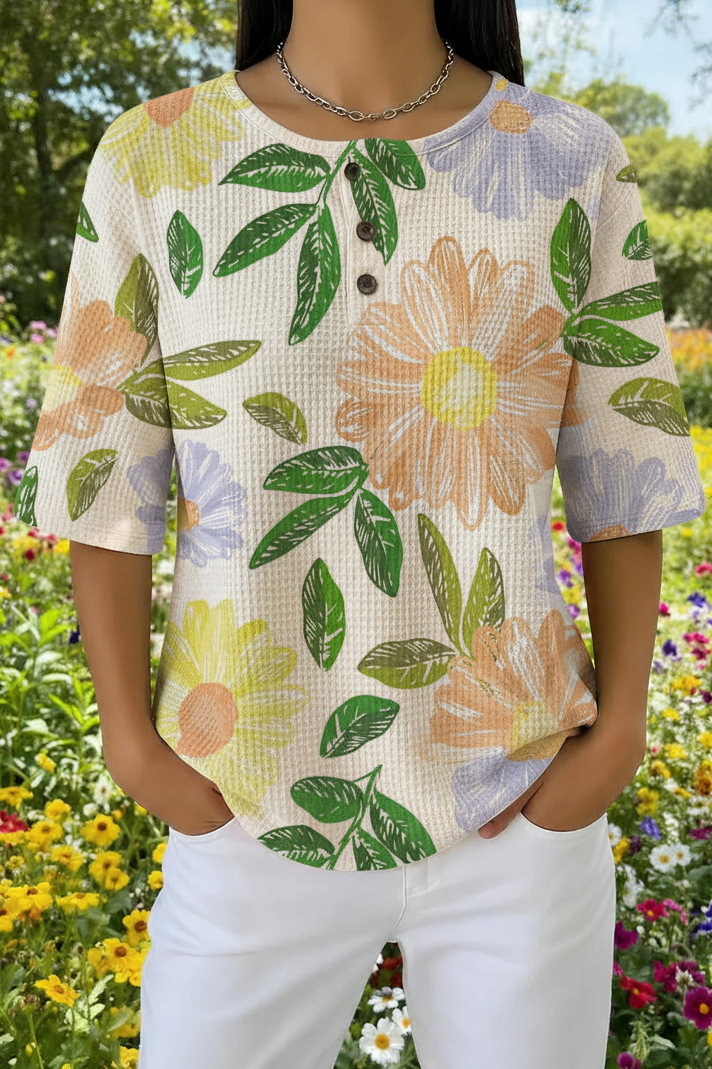 Womens Cream Green Leafy Print Casual Henley Shirt