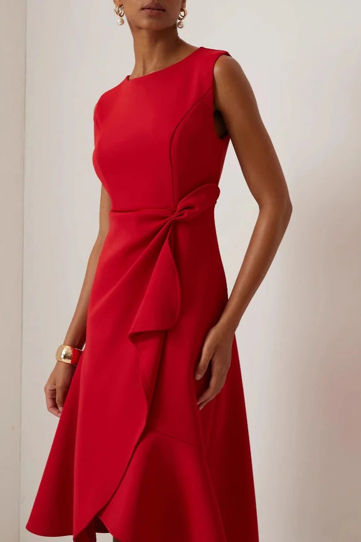 Crew Neck Sleeveless Twist Knot Ruffle Fit and Flare Midi Dress