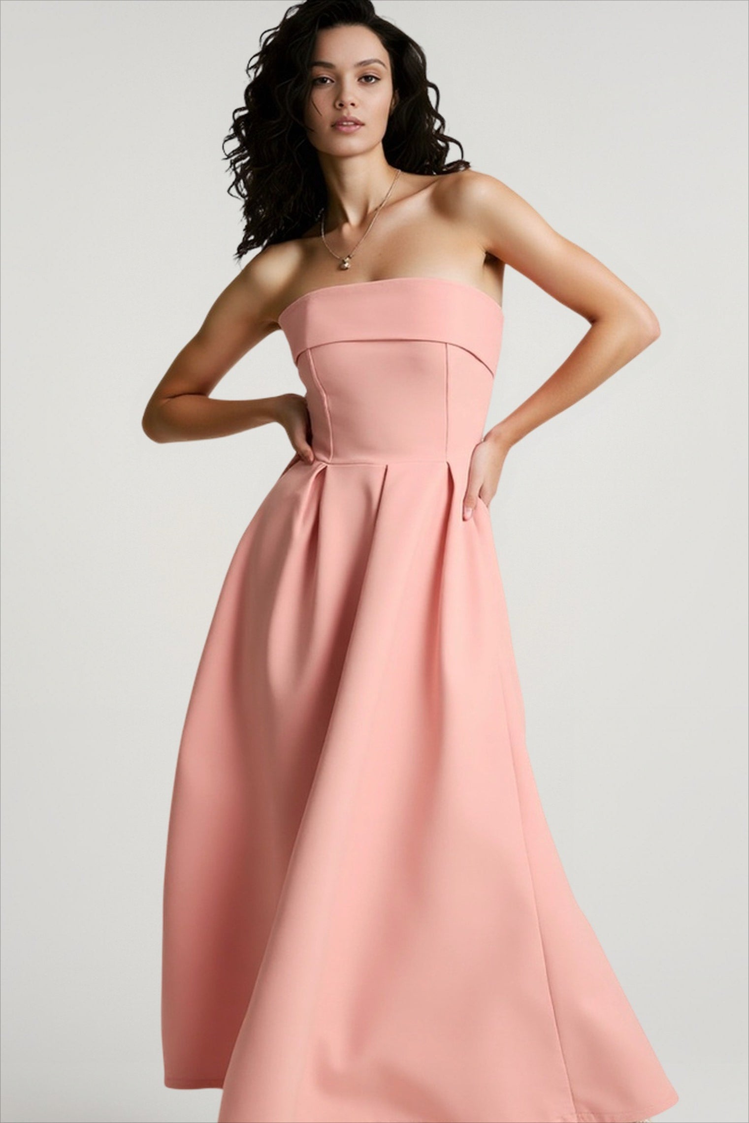 Strapless Fold Over Neck Pleated Fit and Flare Midi Cocktail Dress