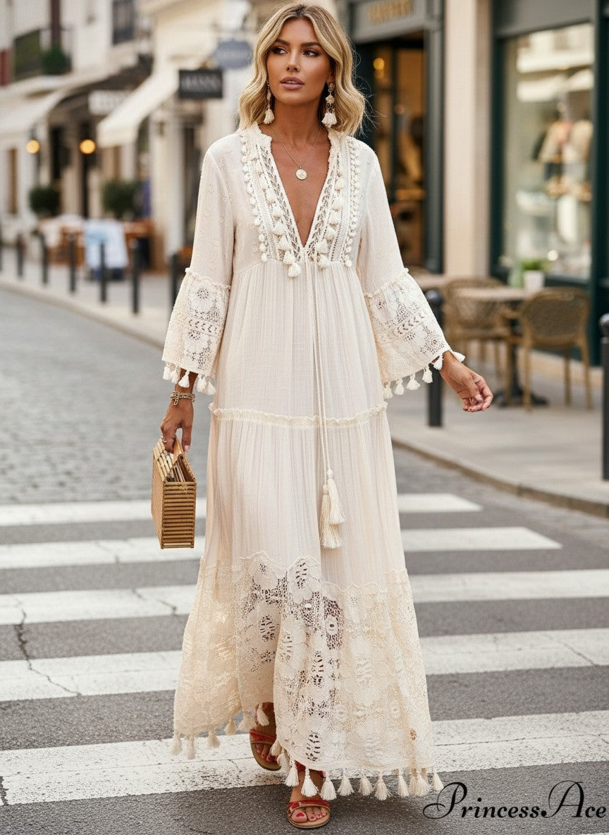 Deep V-Neck Tassel Trim Lace Insert Bell Sleeve Tiered Drawstring Dress
