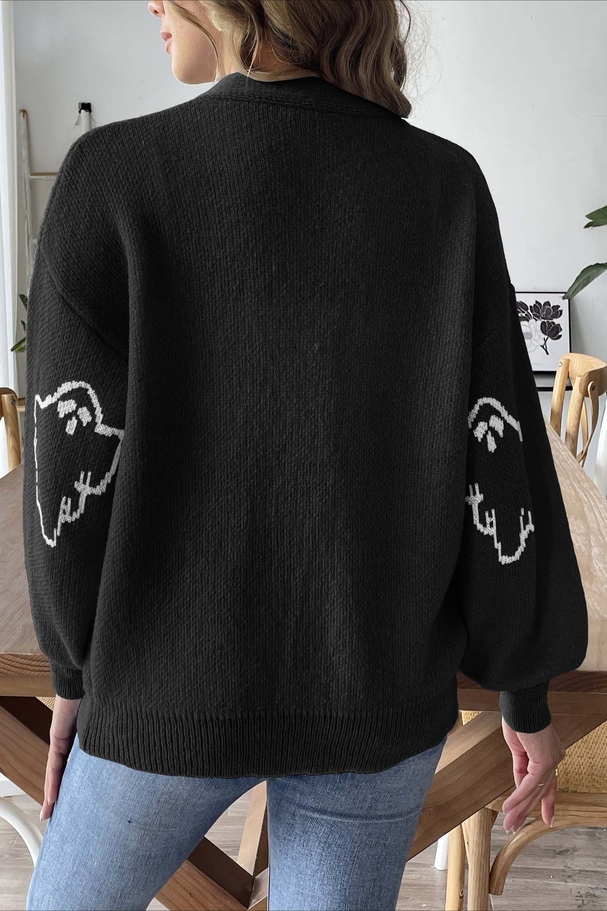 Ghost Pattern V-Neck Drop Shoulder Button Front Knit Cardigan 9