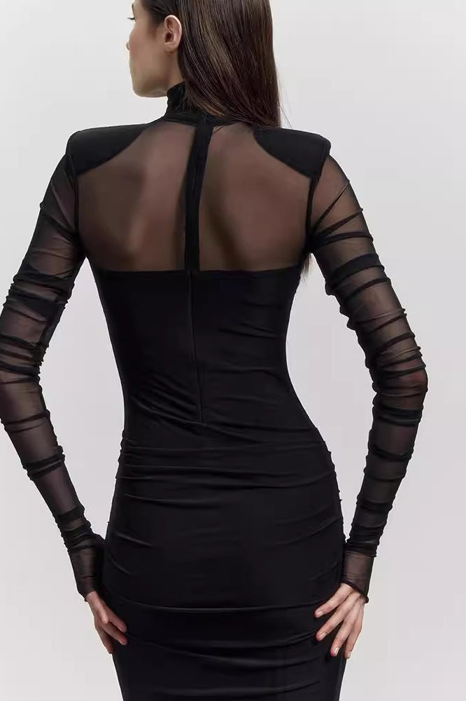 Mesh High Neck Long Sleeve Ruched Bodycon Midi Dress