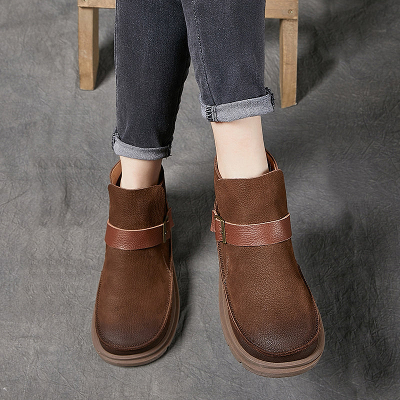 Mori Style Ankle Booties For Women Brush-Off Leather Buckle Boots in Coffee/Khaki