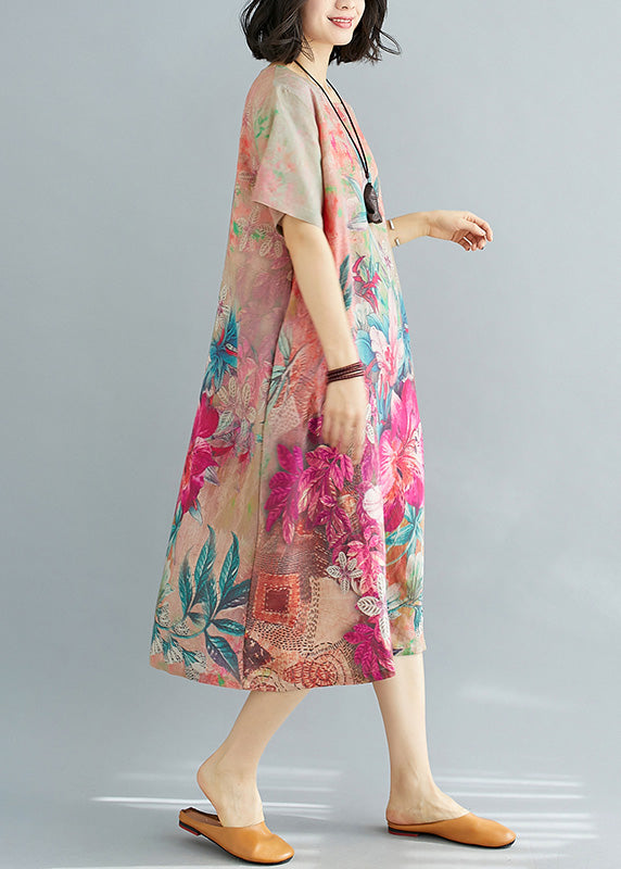 Floral Print Crew Neck Short Sleeve Pocket Oversized Midi Dress
