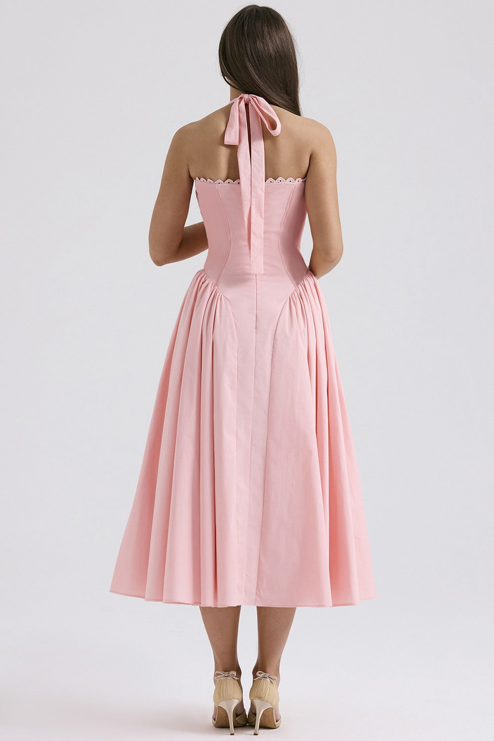 Halter Neck Ruched Corset Fit and Flare Midi Dress