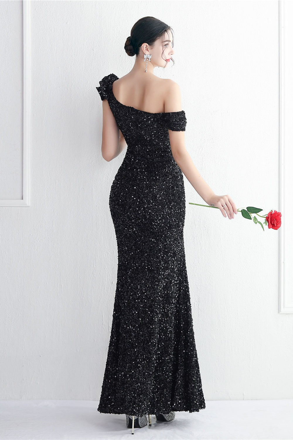 Sequin One Shoulder Ruffle High Split Mermaid Gown