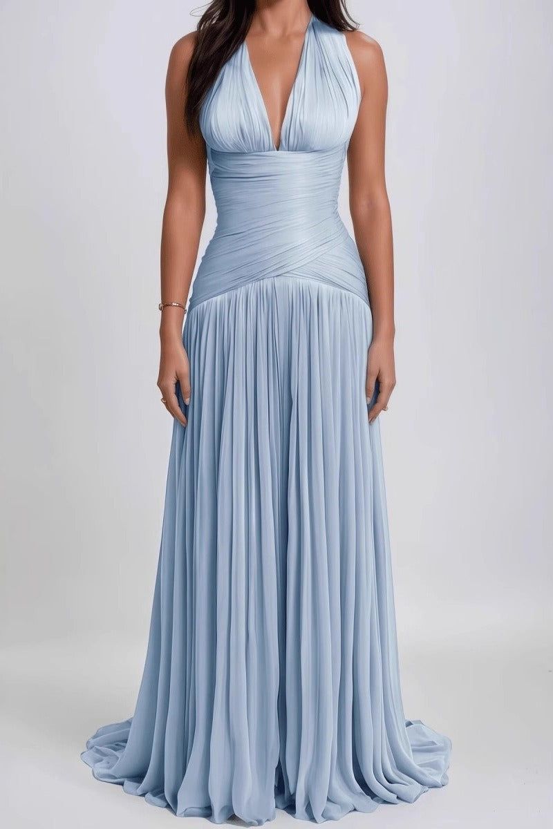 Halter Ruched Backless Deep V Sexy Elegant Formal Dress
