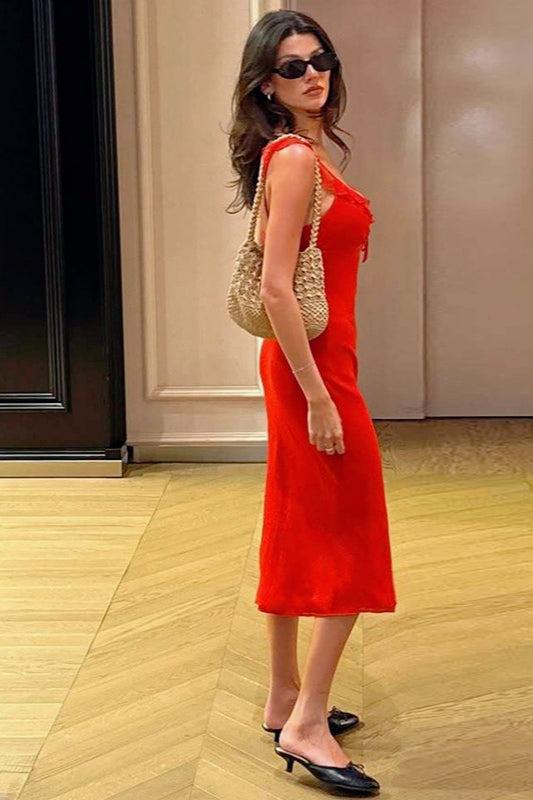 Satin V-Neck Wide Strap Bias Cut Slip Midi Dress - View 3