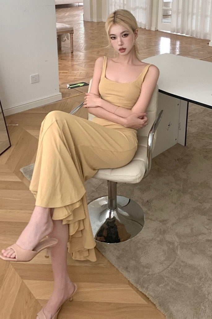 Backless Spaghetti Strap Ruffle Fishtail Mermaid Maxi Dress