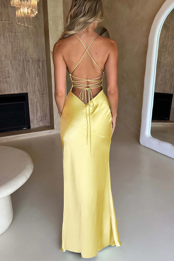 Satin V-Neck Spaghetti Strap High Split Bodycon Maxi Dress 18