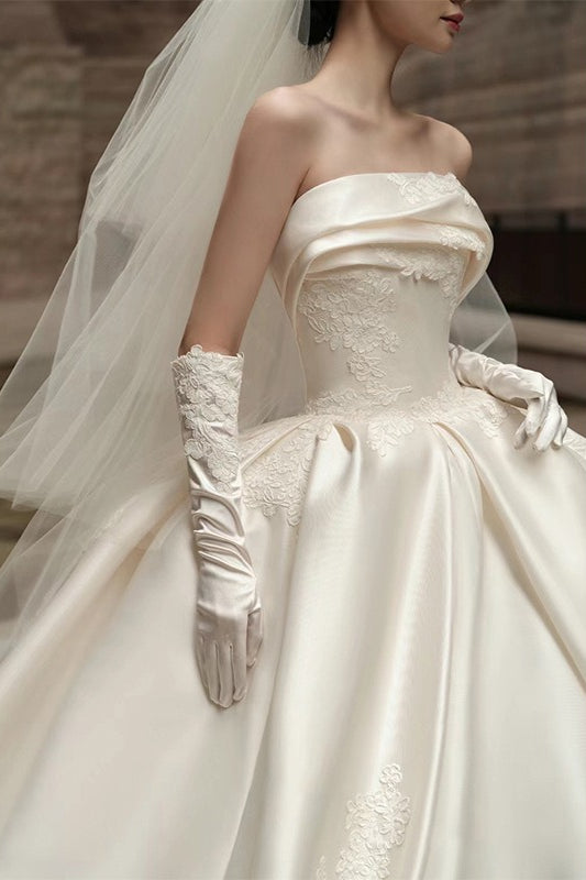 Strapless Satin Cathedral Train Wedding Dress in White