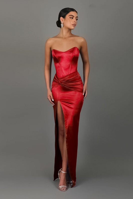 Satin Strapless Corset Twist Front High Split Maxi Gown