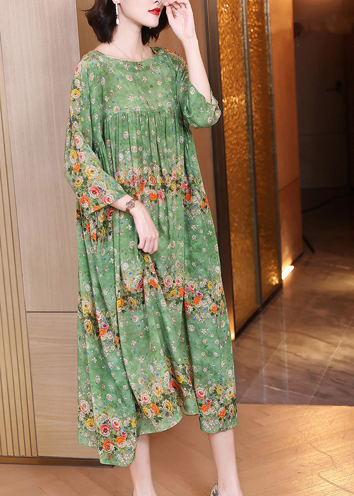 Floral Print Border Trim Round Neck Three Quarter Sleeve Empire Pleated Maxi Dress
