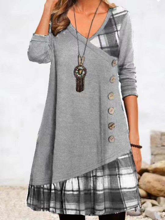 Plaid Patchwork V-Neck Long Sleeve Button Front Tunic Dress 8