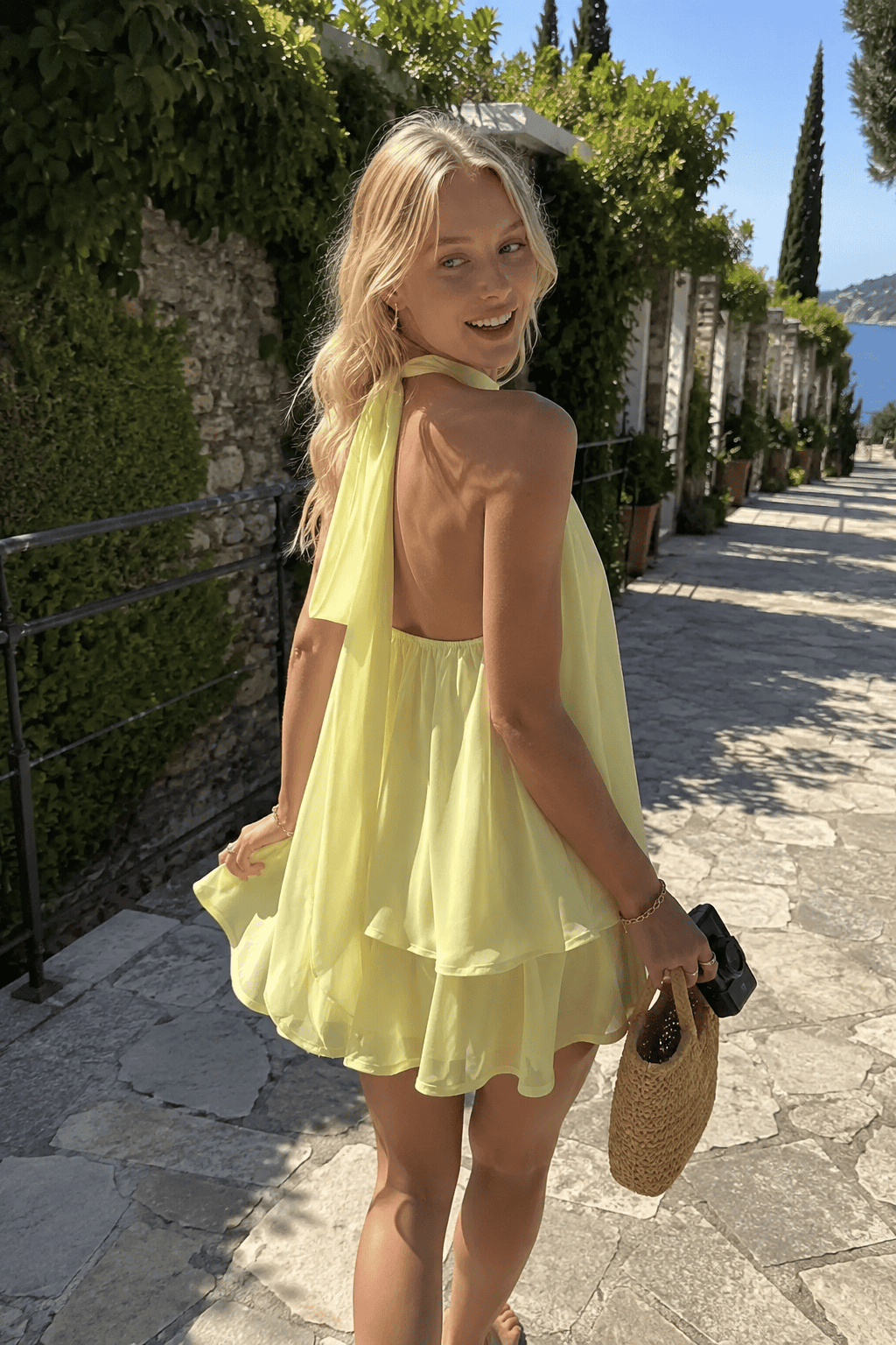 Sexy Backless Halter Tie Waist Slim Fit Ruffled Mini Dress