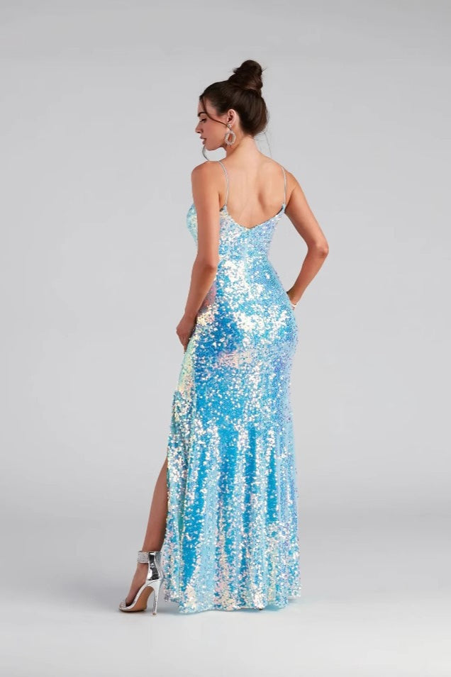 Sequin Spaghetti Strap V-Neck High Split Mermaid Maxi Dress