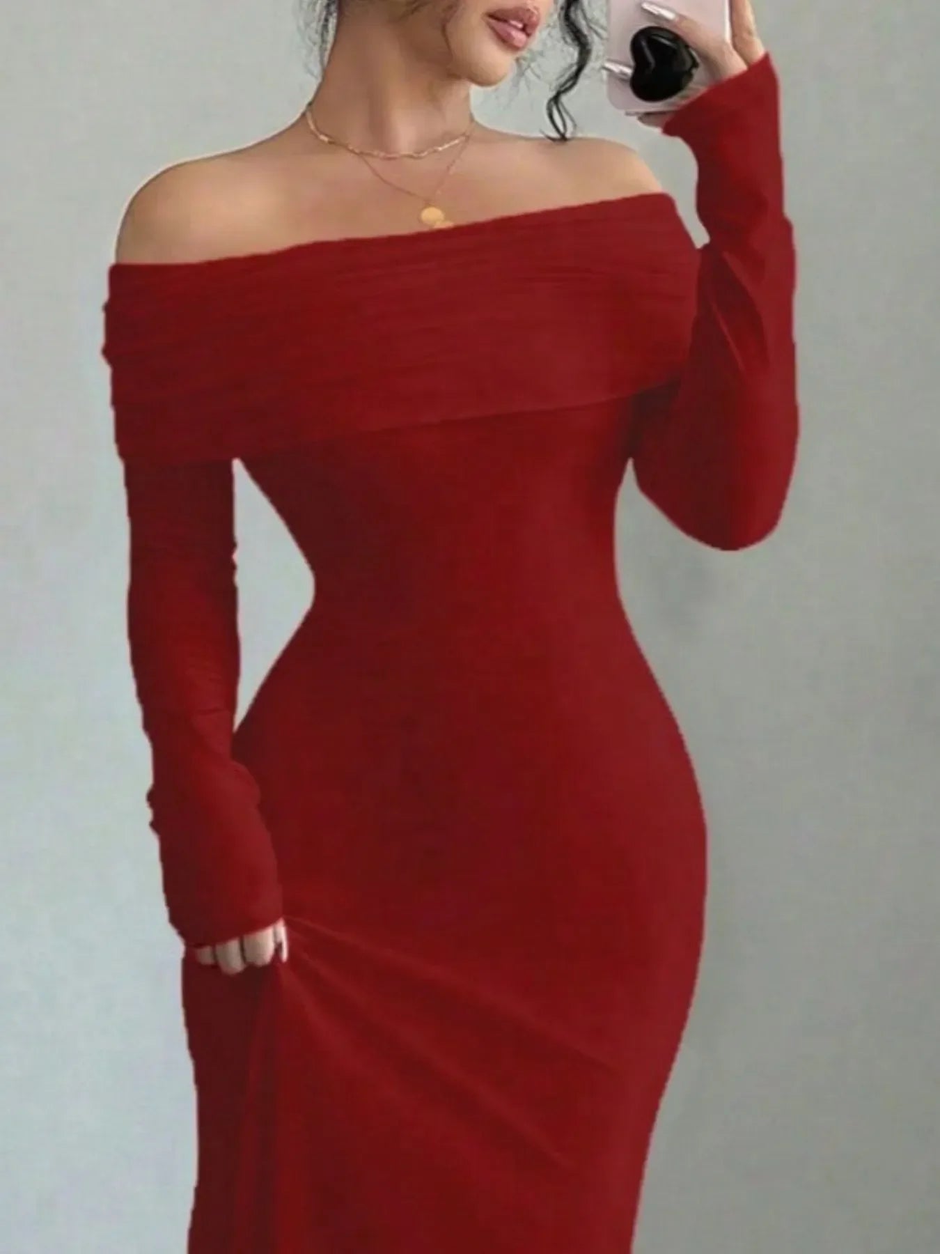 Fold Over Off Shoulder Long Sleeve Twist Back Bodycon Maxi Dress 13