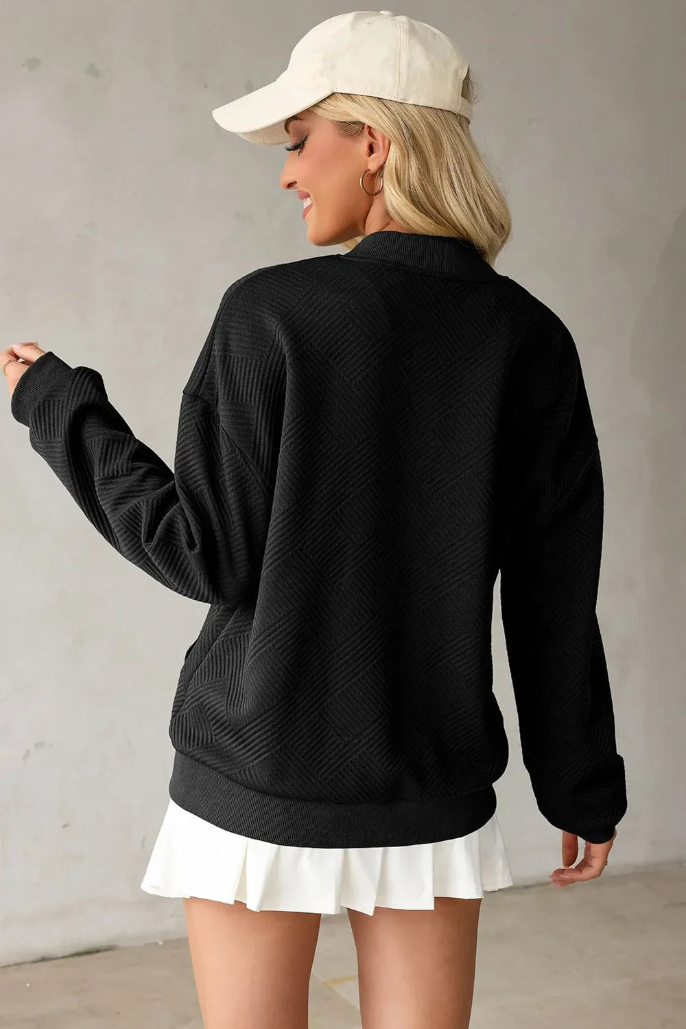 Textured Knit Zip Front Drop Shoulder Long Sleeve Bomber Jacket 3