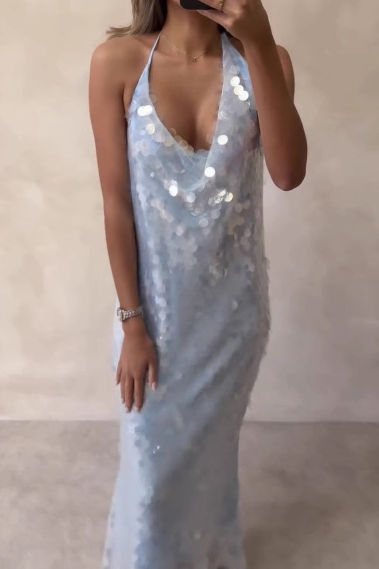 Sequin Halter Cowl Neck Backless Mermaid Gown