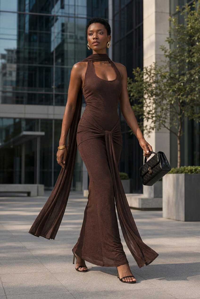 Silver Ribbon Backless Waist Cinch Maxi Bodycon Dress
