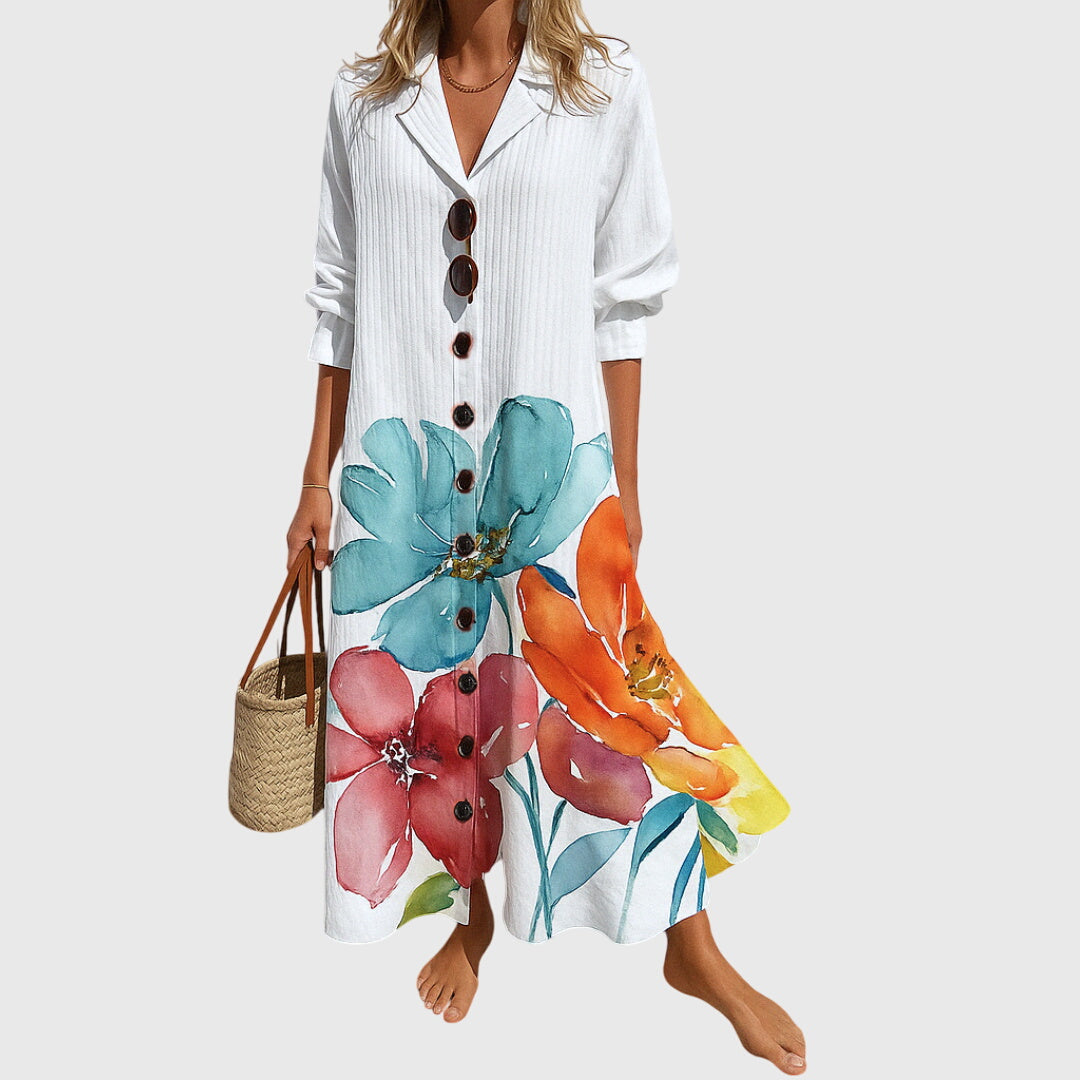 Floral Print V-Neck Button Front Puff Sleeve Maxi Dress