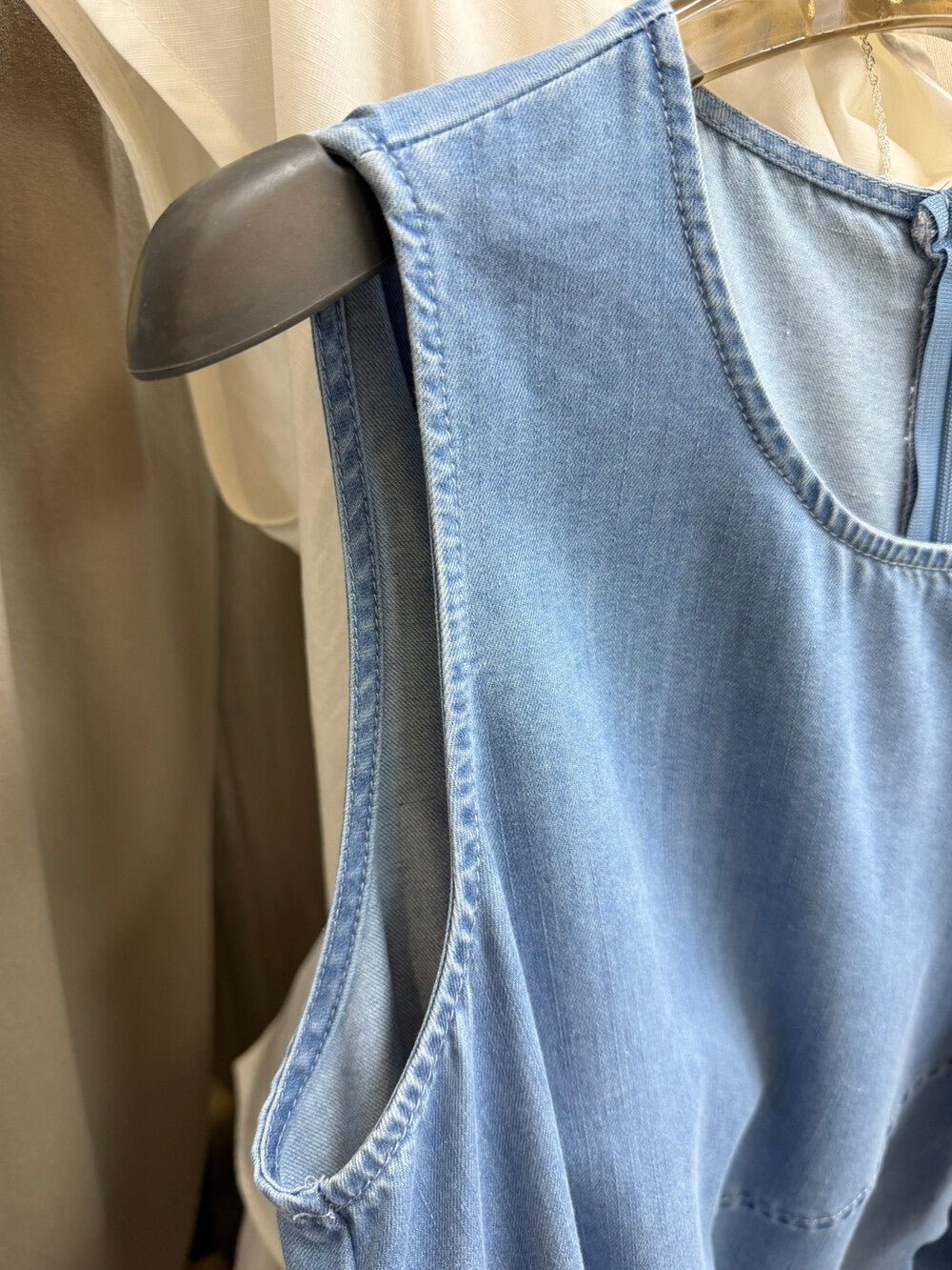 Denim Sleeveless Ruffle Trim A-Line Maxi Dress 21