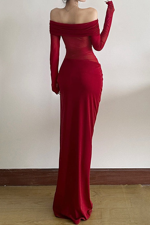 Off Shoulder Long Sleeve Sheer Mesh Ruched Bodycon Maxi Dress