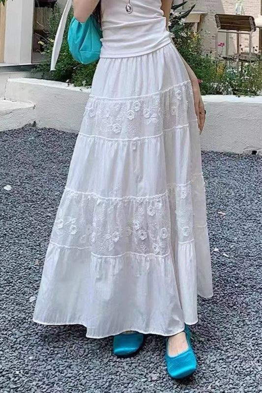 Floral Embroidered Lace Panel Tiered Elastic Waist Maxi Skirt 3
