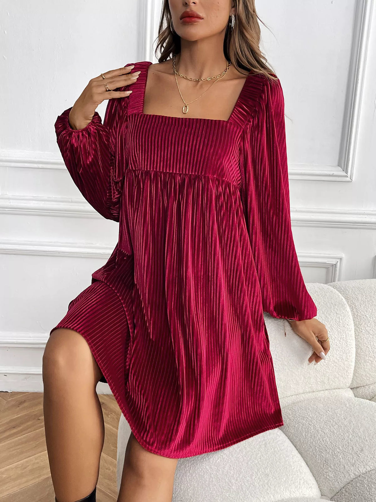 Velvet Square Neck Long Sleeve Dress