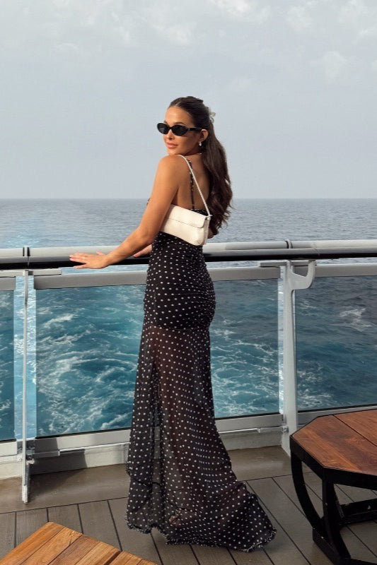 Lace Sheer Mesh Ruched Maxi Dress