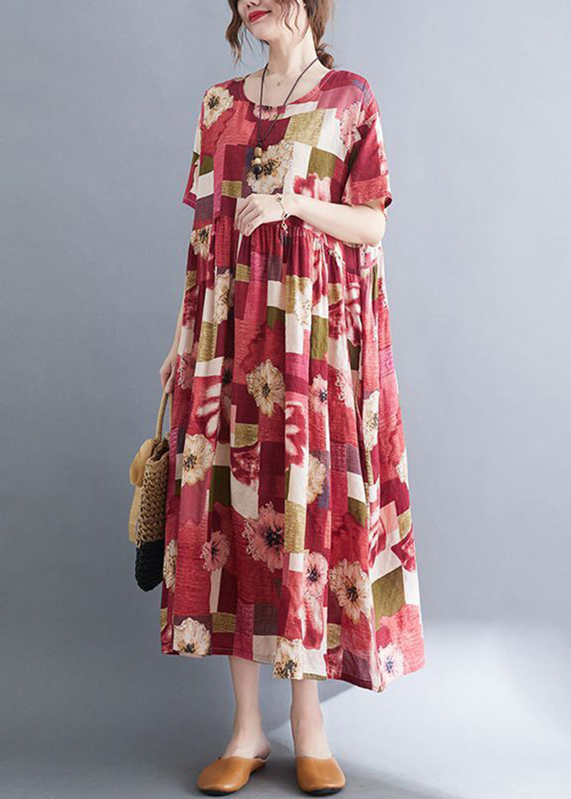 Patchwork Floral Print Round Neck Short Sleeve Empire Waist Midi Dress