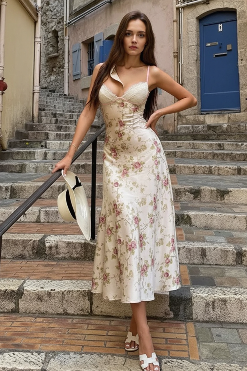 Lace Satin Panel V Neck Floral A Line Maxi Slip Dress