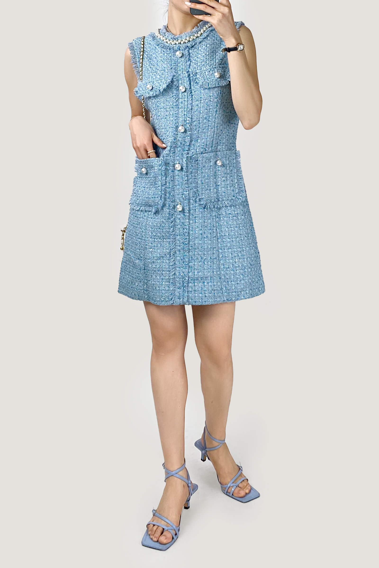 Pearl Collar Raw Fringe Trim Tweed Sleeveless Mini Dress