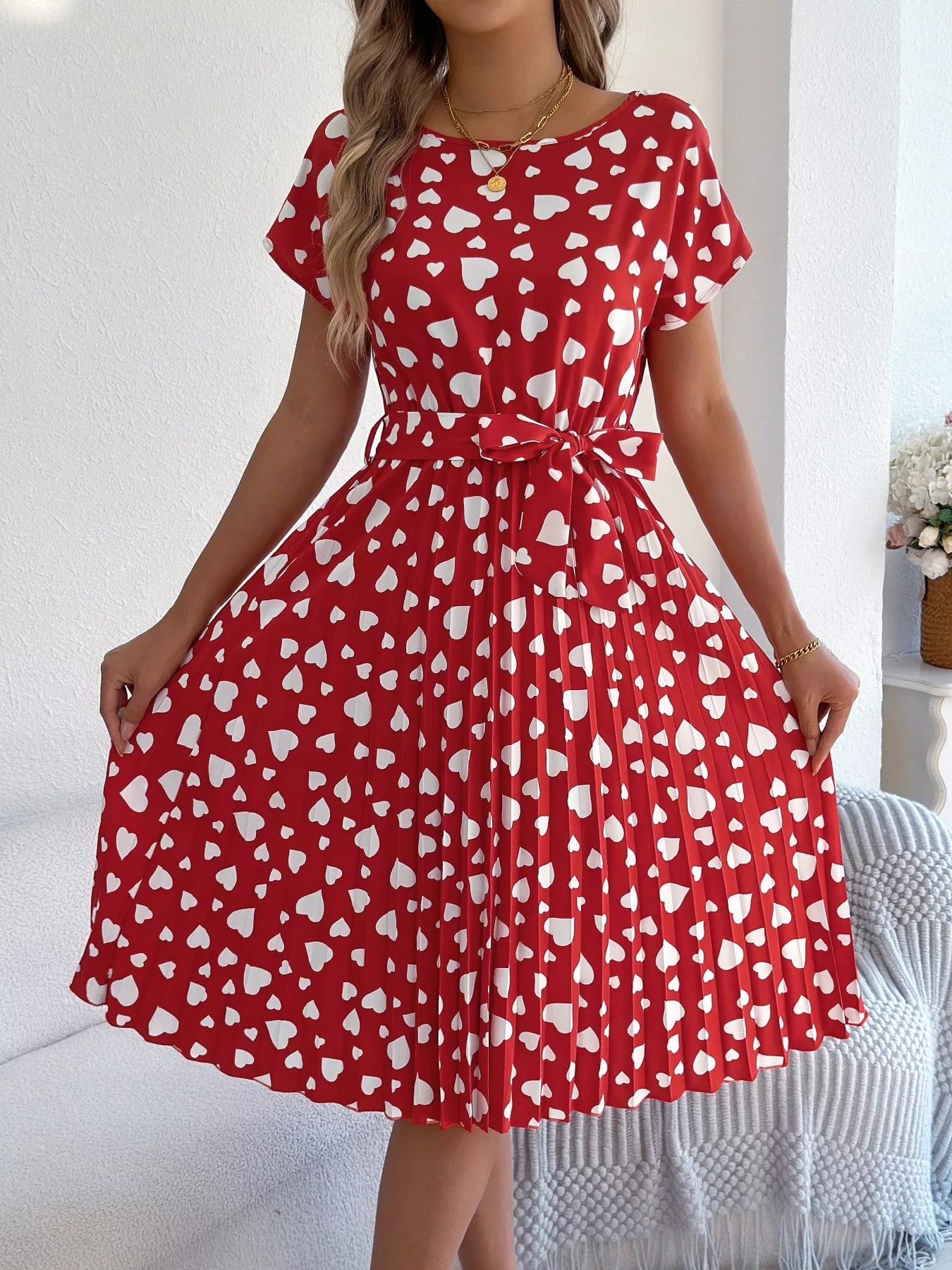Heart Print Belted Pleated Midi Dress Deep Red