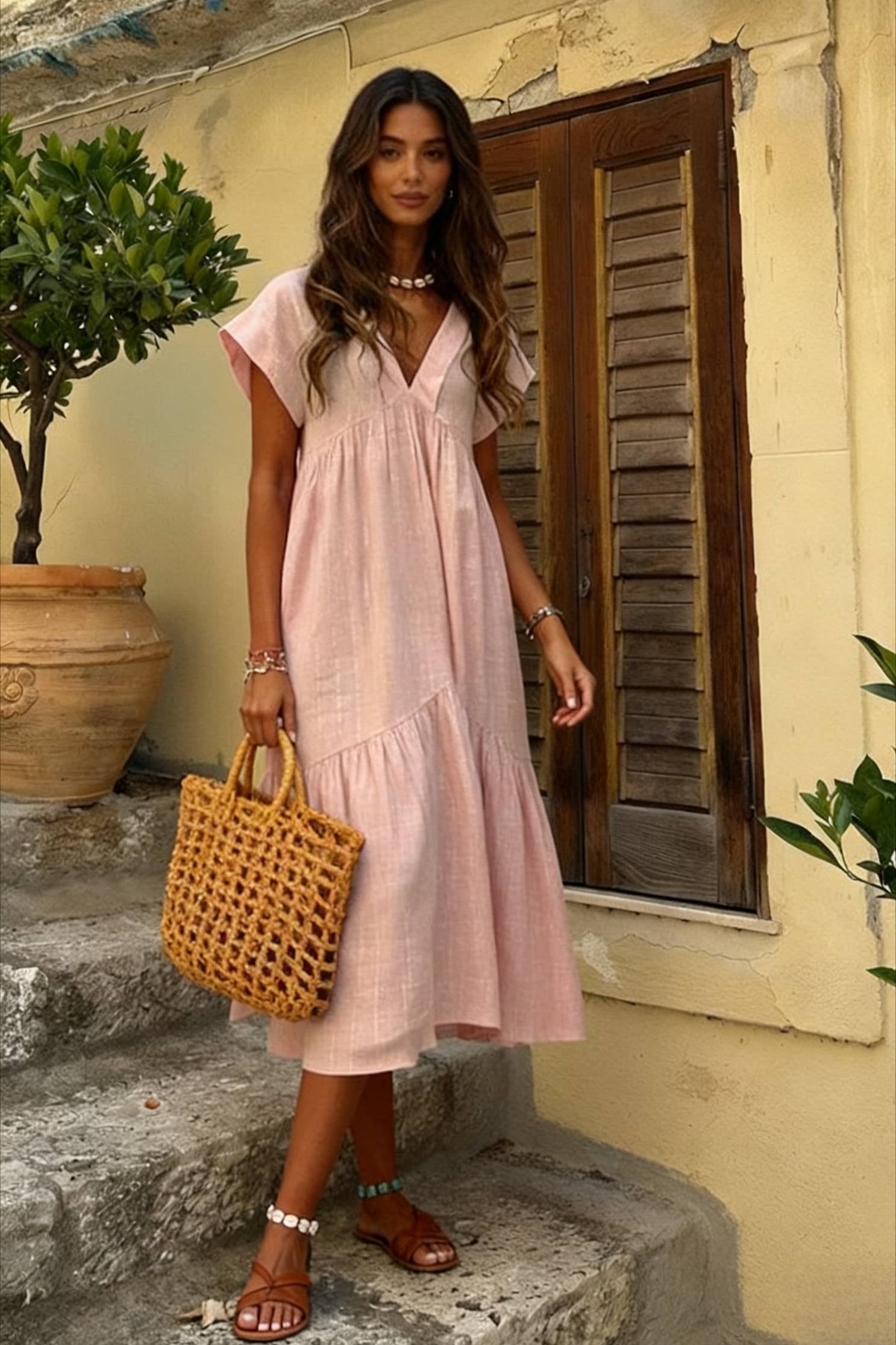Cotton Linen Oversize Loose Vneck Boho Dress