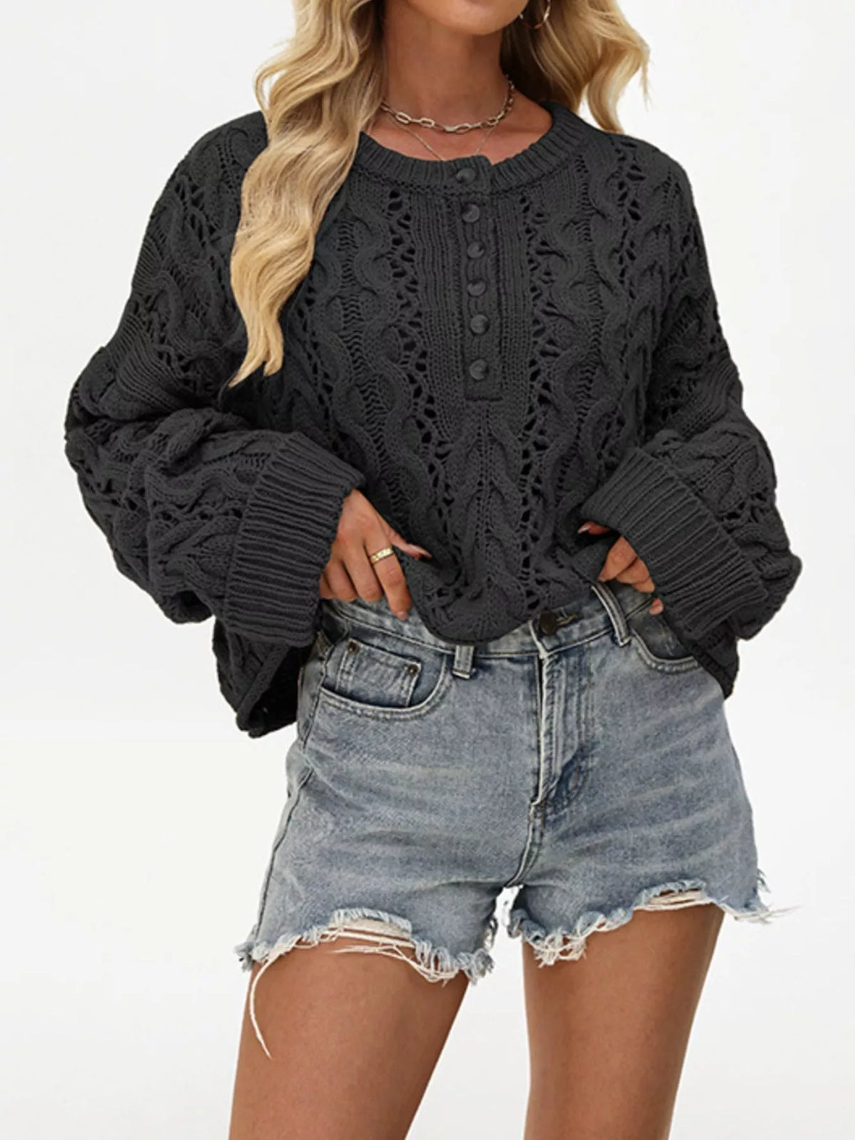 Round Neck Half Button Openwork Cable Knit Oversized Sweater 5