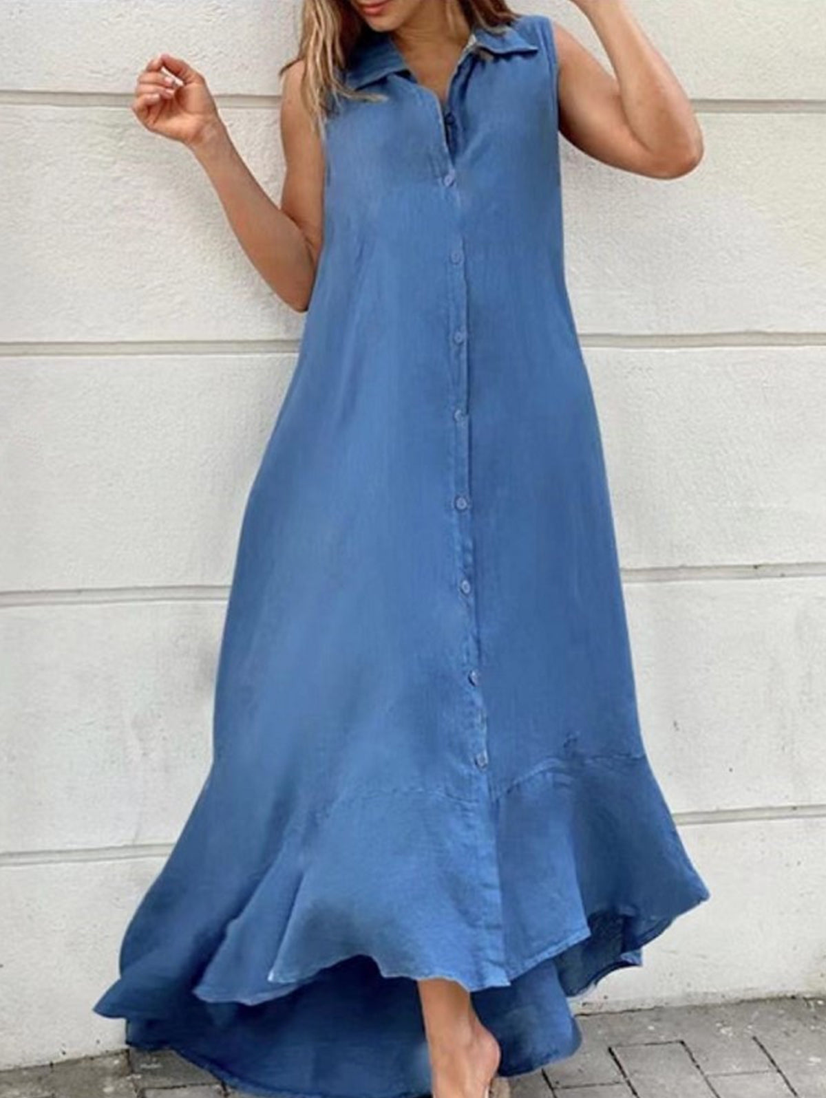 Sleeveless Collar Button Front Ruffle High Low Hem Maxi Dress