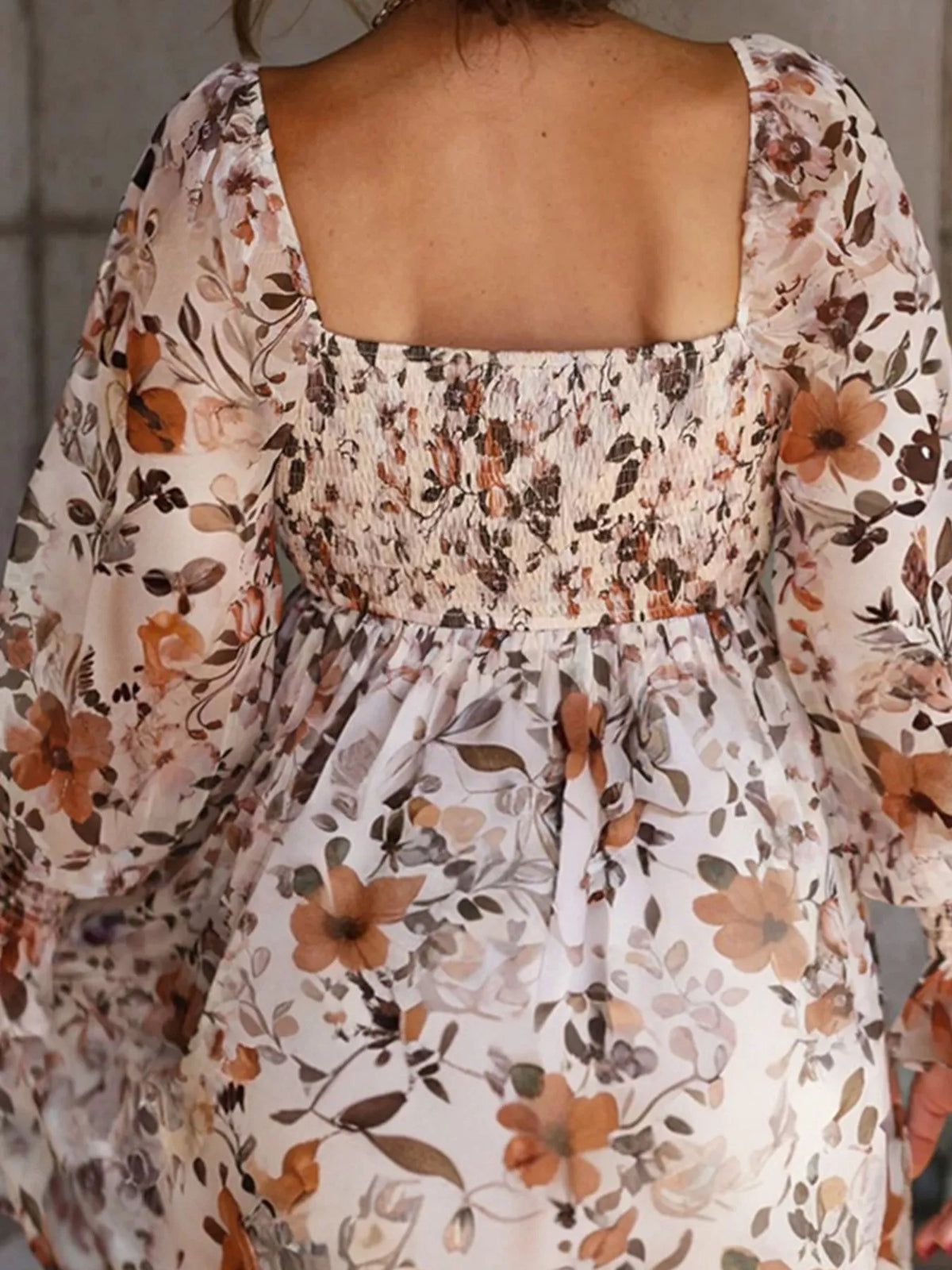 Floral Print Sweetheart Neck Balloon Sleeve Smocked Cuff Mini Dress 3