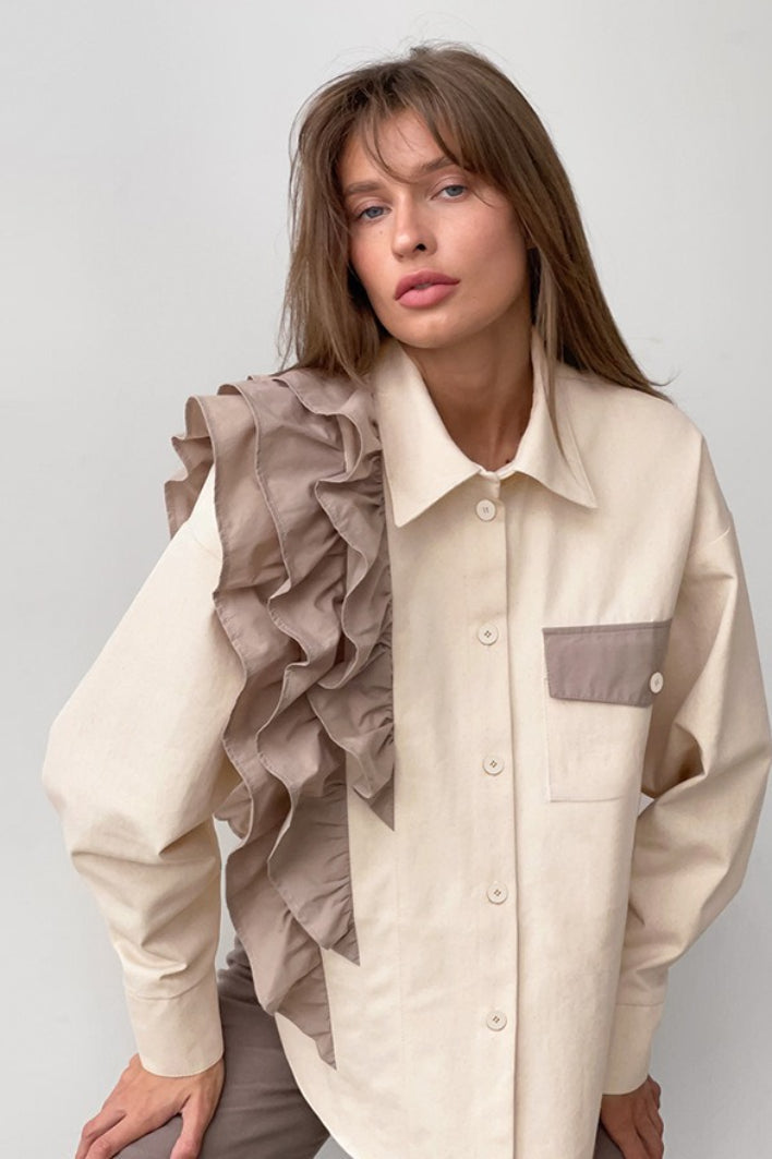 Collared Long Sleeve Contrast Ruffle Trim Chest Pocket Oversized Shirt