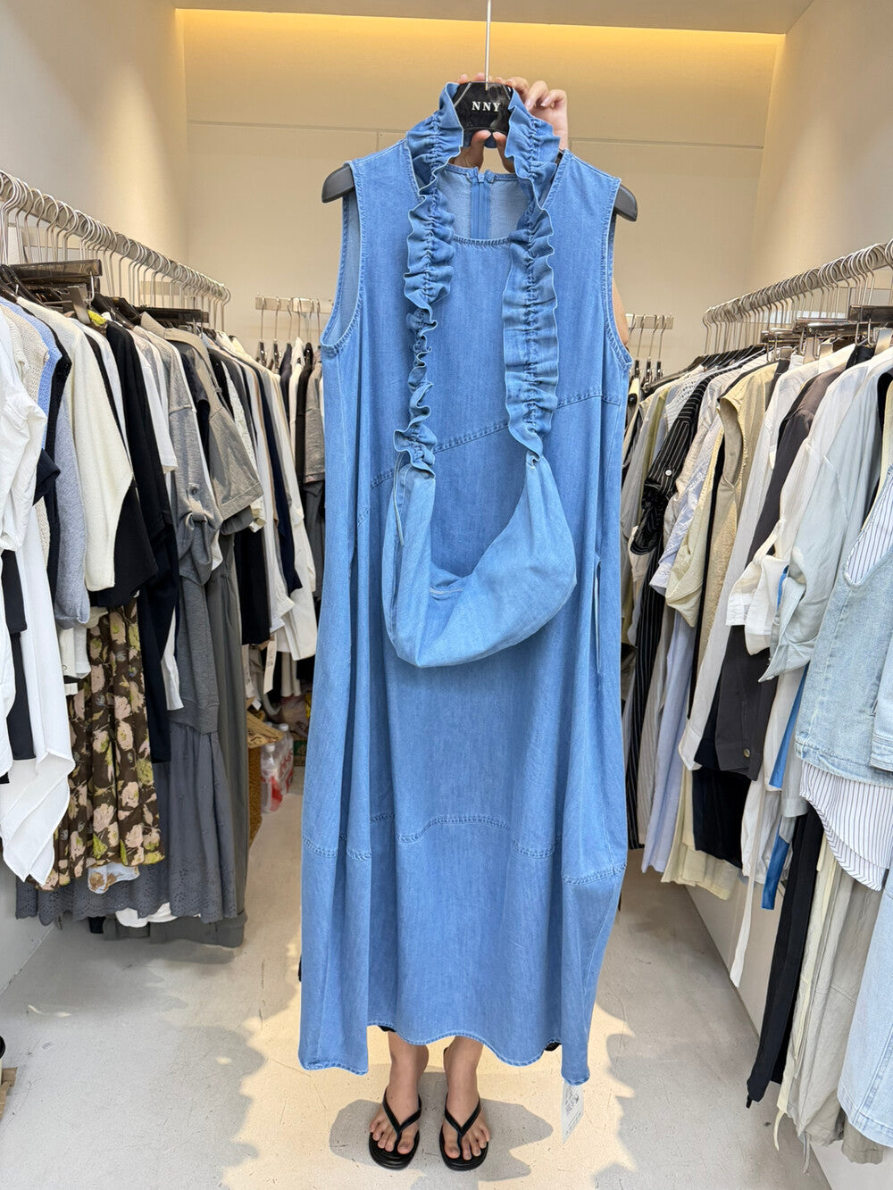 Denim Sleeveless Ruffle Trim A-Line Maxi Dress 22