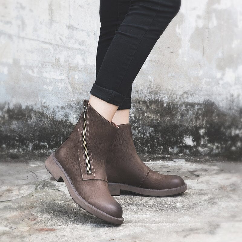 Full Grain Leather Zip Boots Retro Women Chunky Ankle Boots Black/Coffee