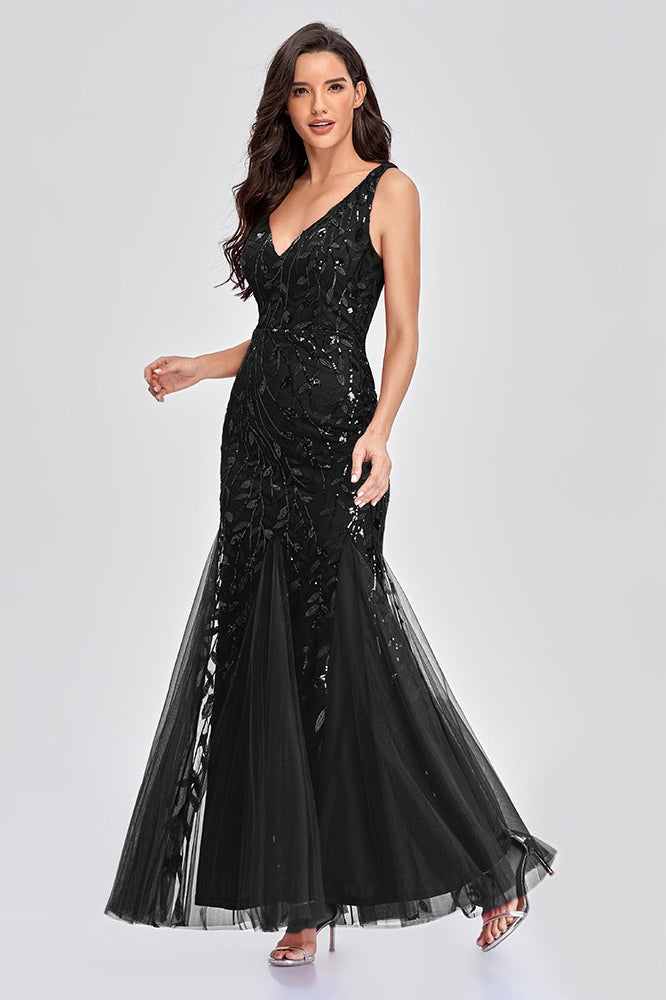 Sequin V-Neck Embroidered Mermaid Maxi Prom Dress